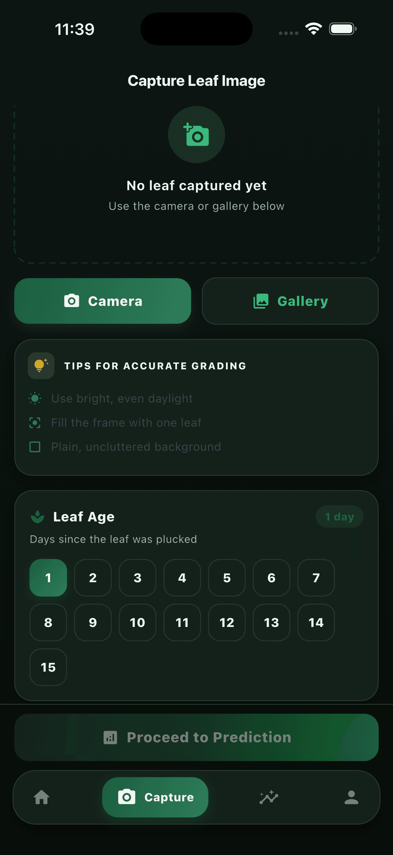 TeaOptima app - capture leaf screen
